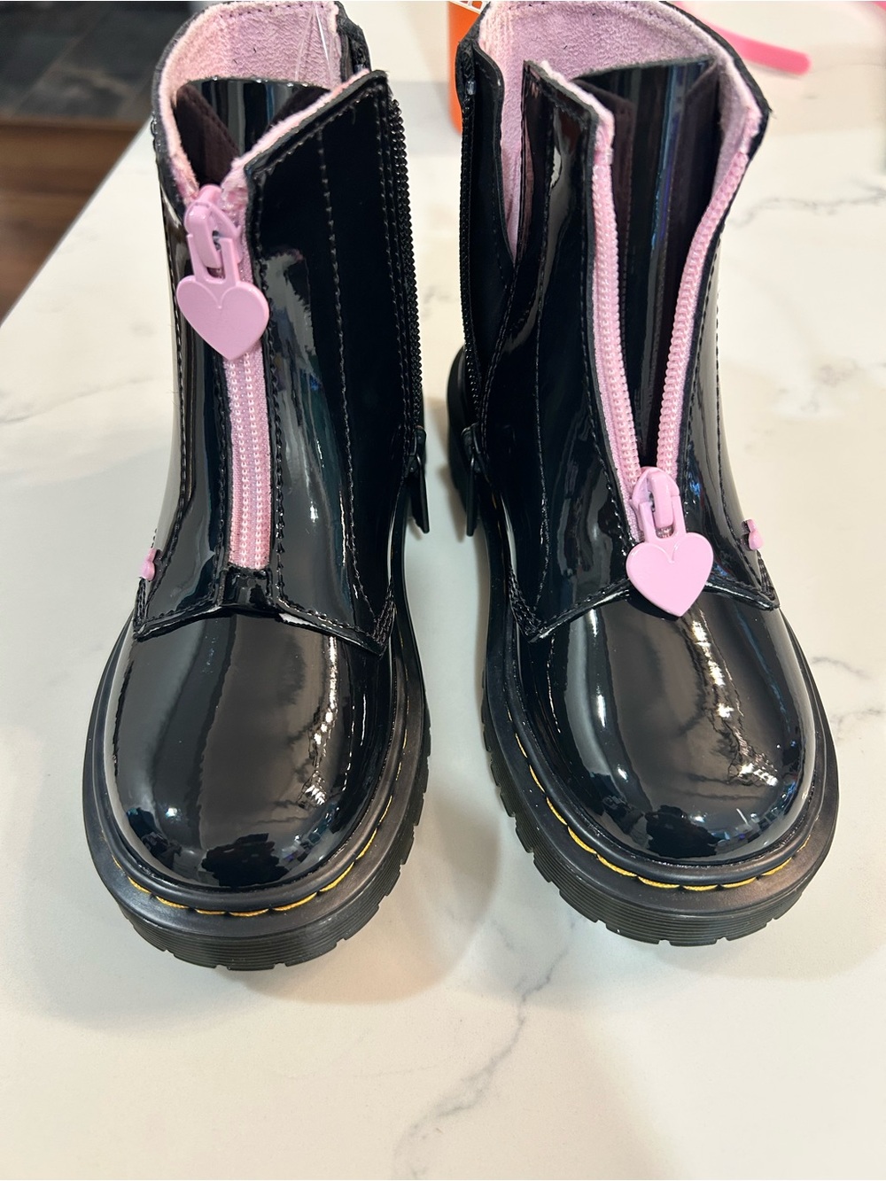 Dr. Martens Black Patent Kids Boots with Pink Heart Zippers size 11